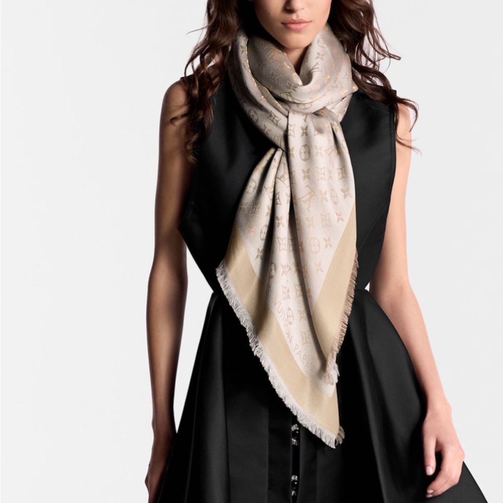 Louis Vuitton Silk Silver, Gold, and Beige Monogram Shine Shawl